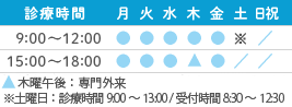 診療時間 9:00～12:00 ●●●●●●／ 15:00～18:00 ●●●●●／／ ※受付時間…8:45～11:45/15:00～18:00